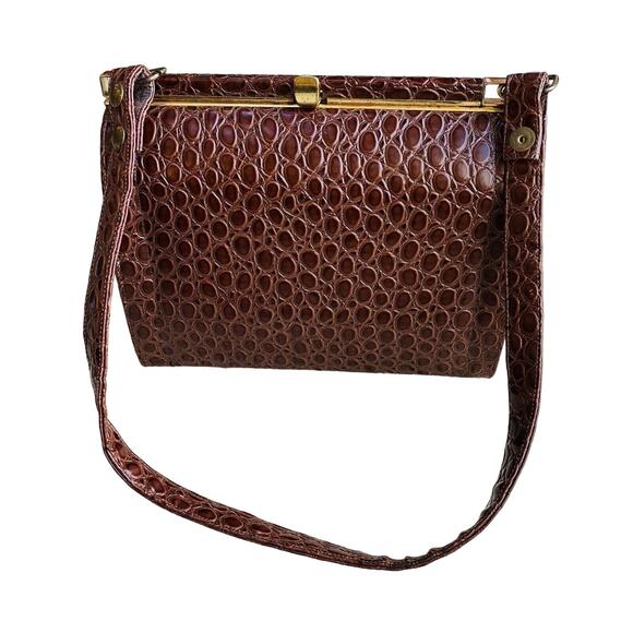 Vintage Lennox Moc Croc Purse Textured Leather Pocketbook Shoulderbag Brown Gold - Picture 2 of 12